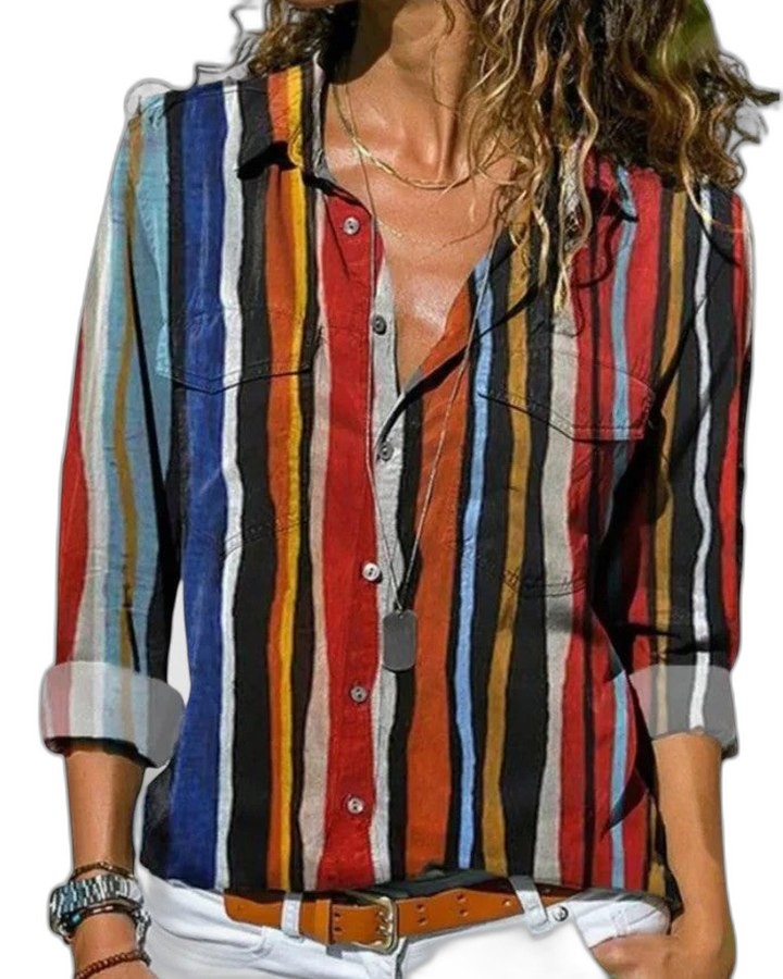Effortless Striped Shirt for Women with Collared Long Sleeve Button Front Belted Casual Style