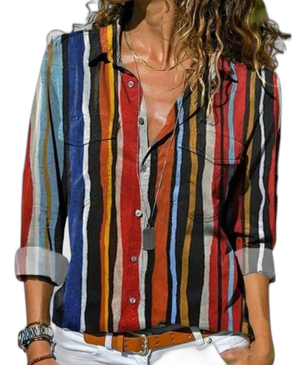 Effortless Striped Shirt for Women with Collared Long Sleeve Button Front Belted Casual Style