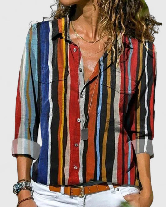 Effortless Striped Shirt for Women with Collared Long Sleeve Button Front Belted Casual Style