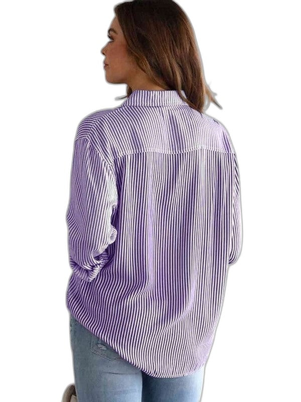 Effortless Striped Shirt for Women with Collared Long Sleeve Button Front Casual Style