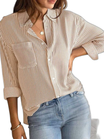 Effortless Striped Shirt for Women with Collared Long Sleeve Button Front Casual Style