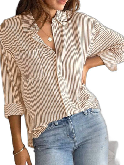 Effortless Striped Shirt for Women with Collared Long Sleeve Button Front Casual Style