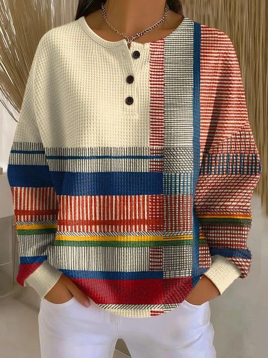 Effortless Striped Sweater for Women with Crew Neck Long Sleeve Button Front Oversized Casual Style
