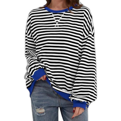 Effortless Striped Sweater for Women with Crew Neck Long Sleeve Oversized Casual Style