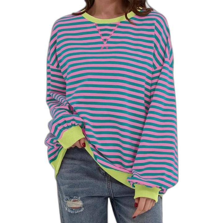 Effortless Striped Sweater for Women with Crew Neck Long Sleeve Oversized Casual Style