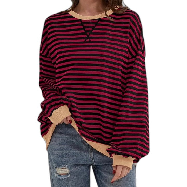 Effortless Striped Sweater for Women with Crew Neck Long Sleeve Oversized Casual Style