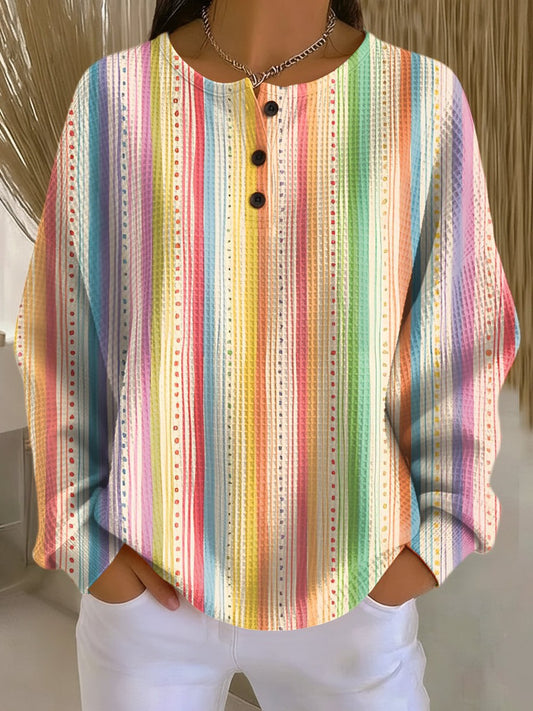 Effortless Striped Sweater for Women with Knit Crew Neck Long Sleeve Button Front Oversized Casual Style
