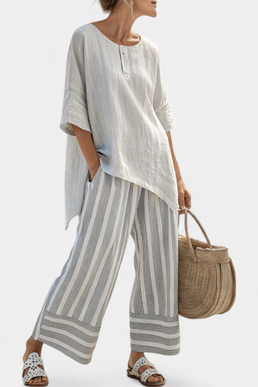 Effortless Striped Two Piece Set for Women with Asymmetric Wide Leg Oversized Pockets Casual Style