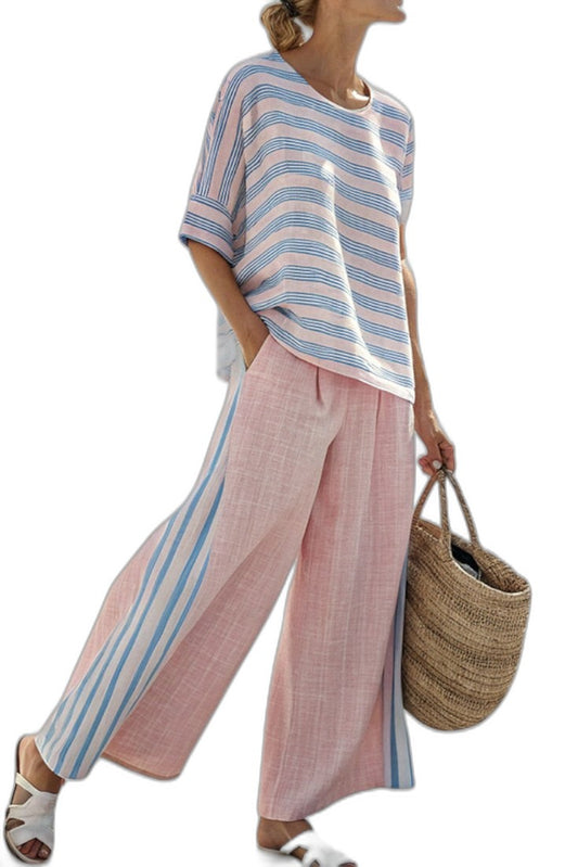 Effortless Striped Two Piece Set for Women with Crew Neck Linen Wide Leg Casual Style