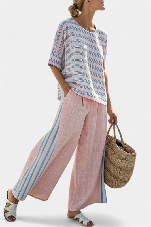 Effortless Striped Two Piece Set for Women with Crew Neck Linen Wide Leg Casual Style