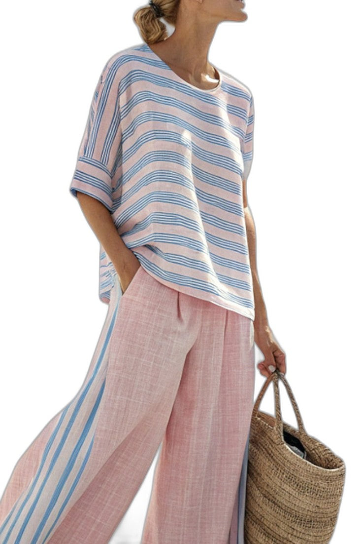 Effortless Striped Two Piece Set for Women with Crew Neck Linen Wide Leg Casual Style