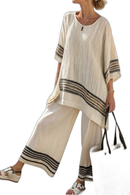 Effortless Striped Two Piece Set for Women with Crew Neck Linen Wide Leg Flowing Casual Style