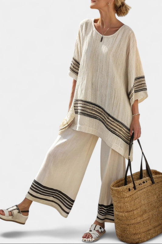 Effortless Striped Two Piece Set for Women with Crew Neck Linen Wide Leg Flowing Casual Style