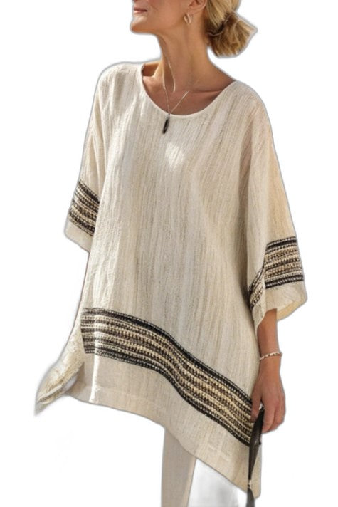 Effortless Striped Two Piece Set for Women with Crew Neck Linen Wide Leg Flowing Casual Style