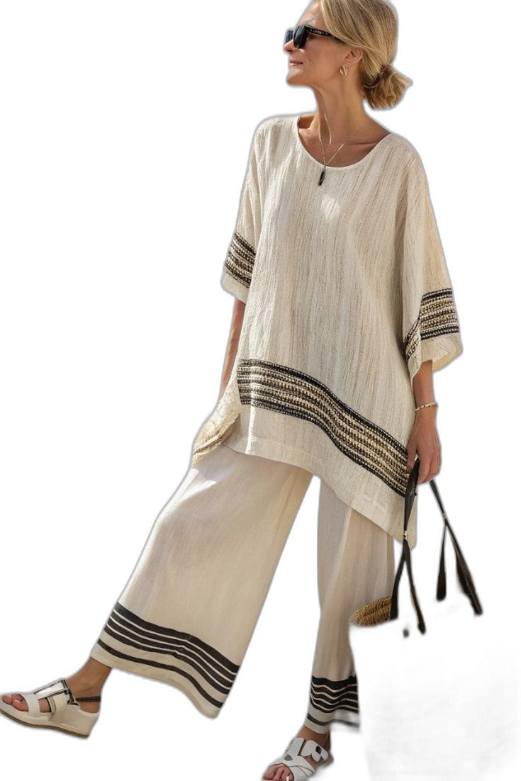 Effortless Striped Two Piece Set for Women with Crew Neck Linen Wide Leg Flowing Casual Style