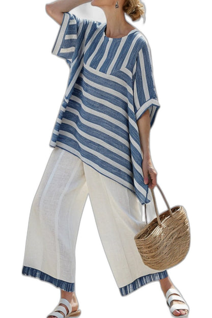 Effortless Striped Two Piece Set for Women with Crew Neck Linen Wide Leg Oversized Casual Style