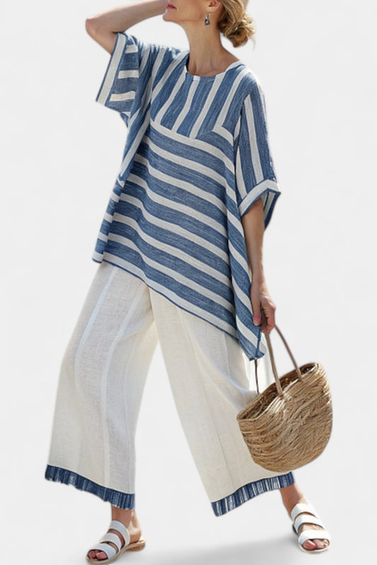 Effortless Striped Two Piece Set for Women with Crew Neck Linen Wide Leg Oversized Casual Style