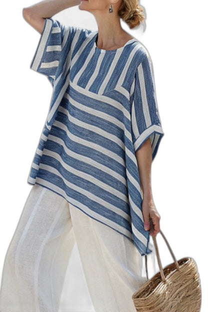 Effortless Striped Two Piece Set for Women with Crew Neck Linen Wide Leg Oversized Casual Style
