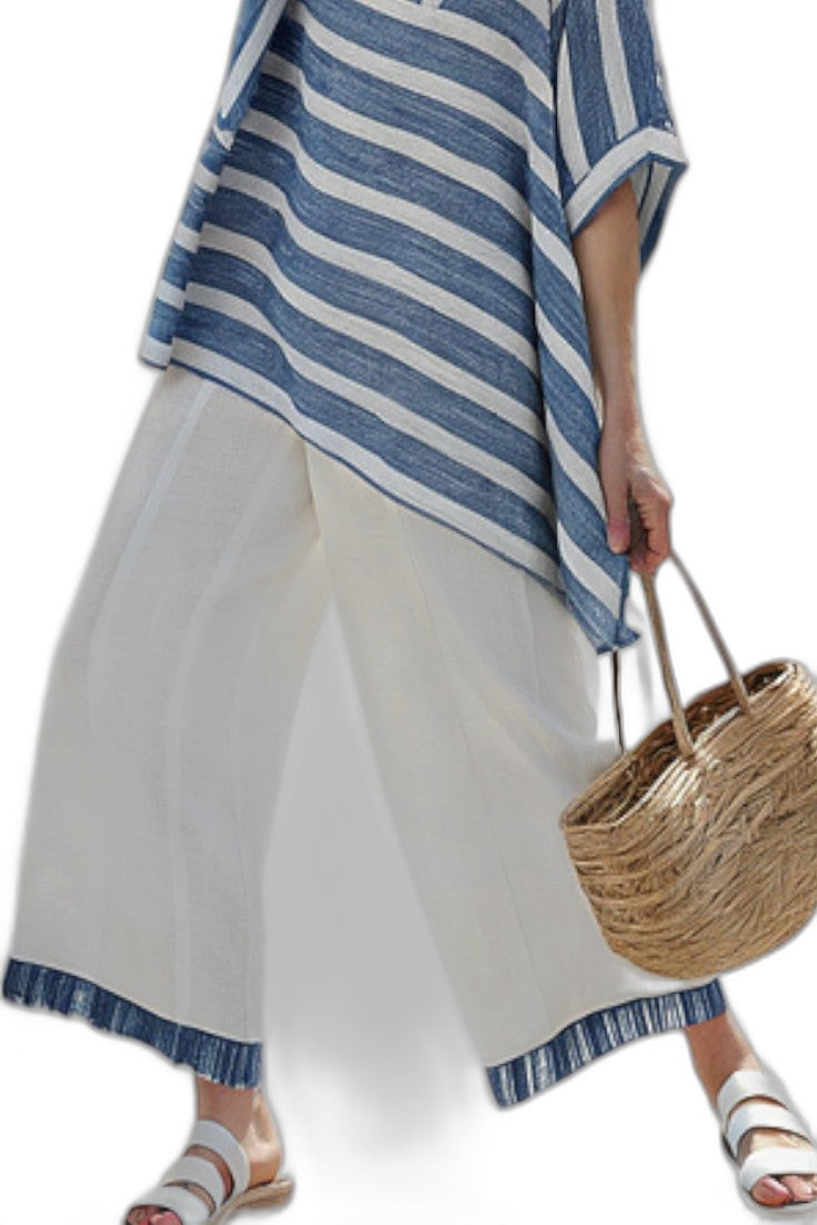 Effortless Striped Two Piece Set for Women with Crew Neck Linen Wide Leg Oversized Casual Style