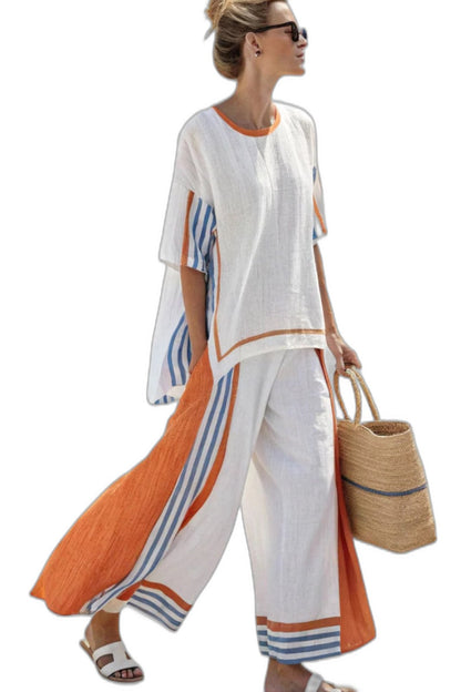 Effortless Striped Two Piece Set for Women with Crew Neck Wide Leg Casual Style
