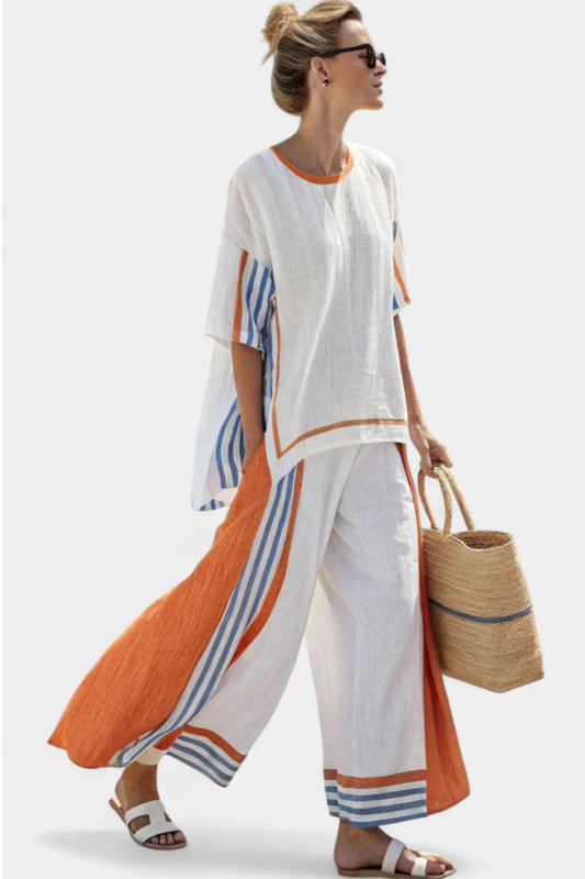 Effortless Striped Two Piece Set for Women with Crew Neck Wide Leg Casual Style