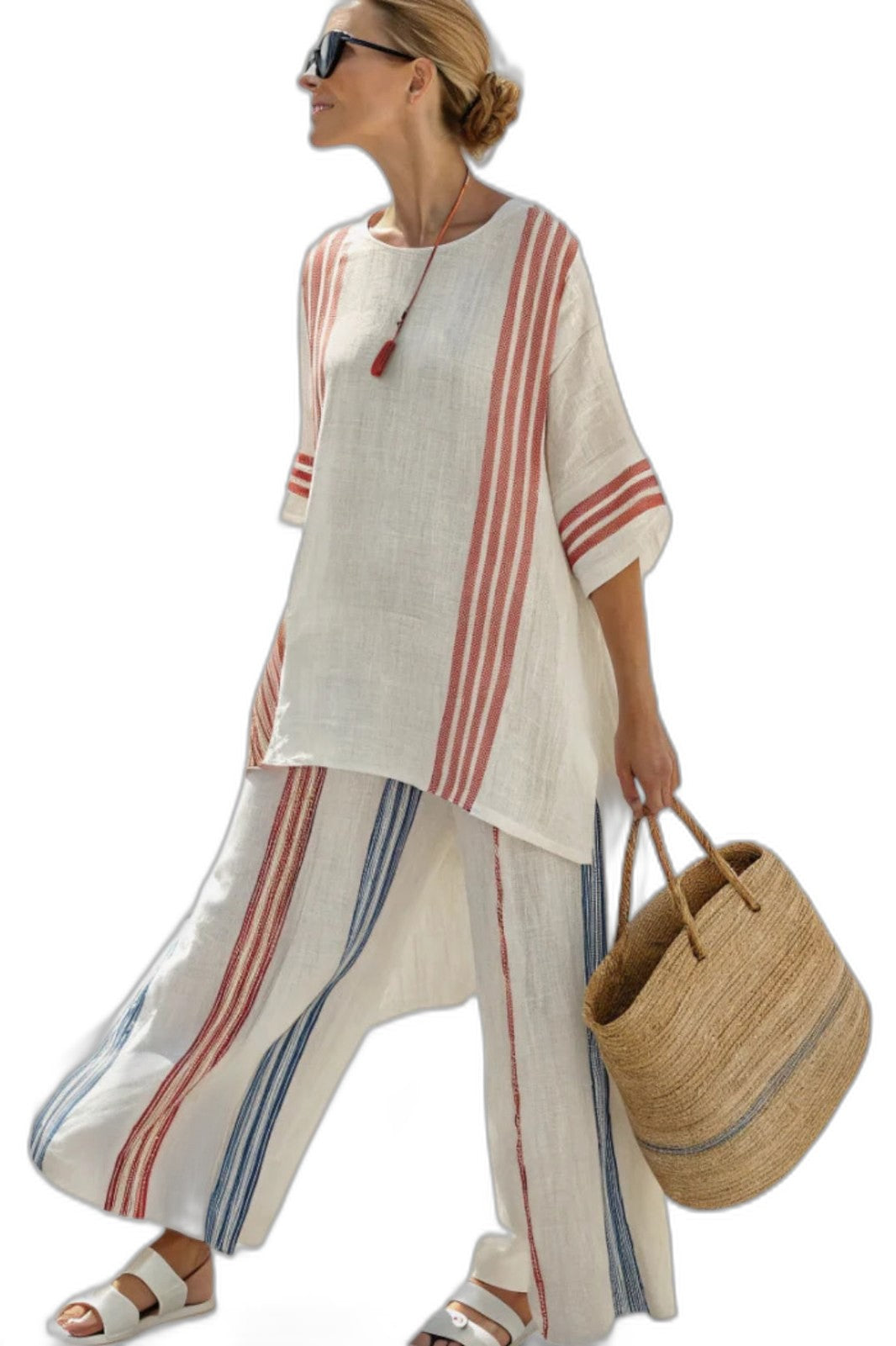 Effortless Striped Two Piece Set for Women with Crew Neck Wide Leg Casual Style