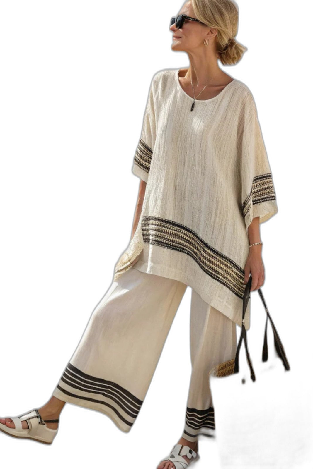 Effortless Striped Two Piece Set for Women with Crew Neck Wide Leg Casual Style