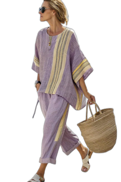 Effortless Striped Two Piece Set for Women with Crew Neck Wide Leg Casual Style