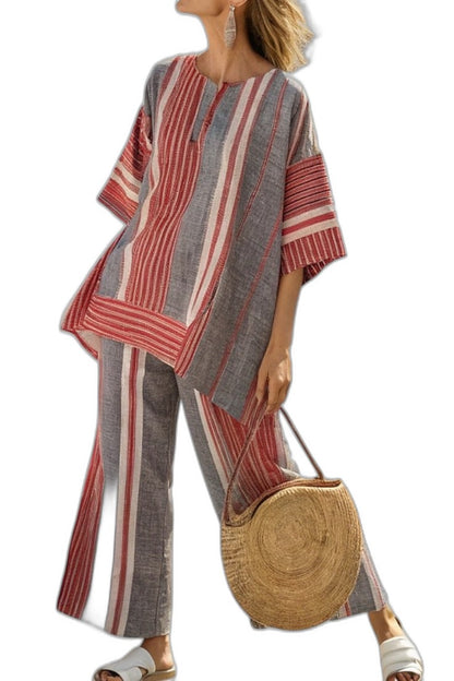 Effortless Striped Two Piece Set for Women with Knit Linen Flowing Oversized Casual Style