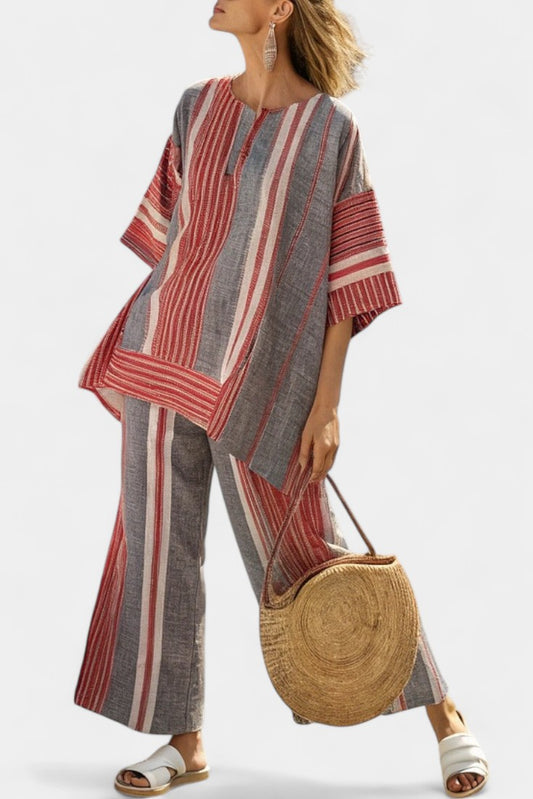 Effortless Striped Two Piece Set for Women with Knit Linen Flowing Oversized Casual Style