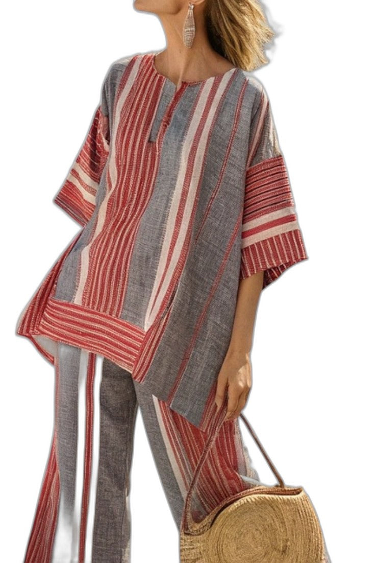 Effortless Striped Two Piece Set for Women with Knit Linen Flowing Oversized Casual Style