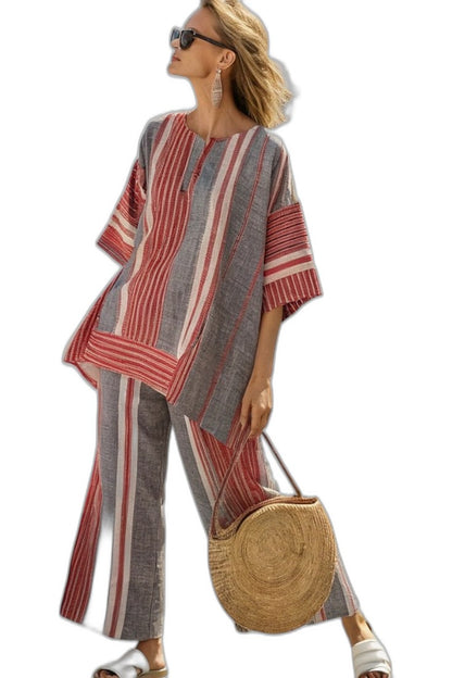 Effortless Striped Two Piece Set for Women with Knit Linen Flowing Oversized Casual Style