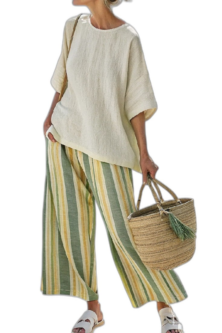 Effortless Striped Two Piece Set for Women with Linen Wide Leg Casual Style