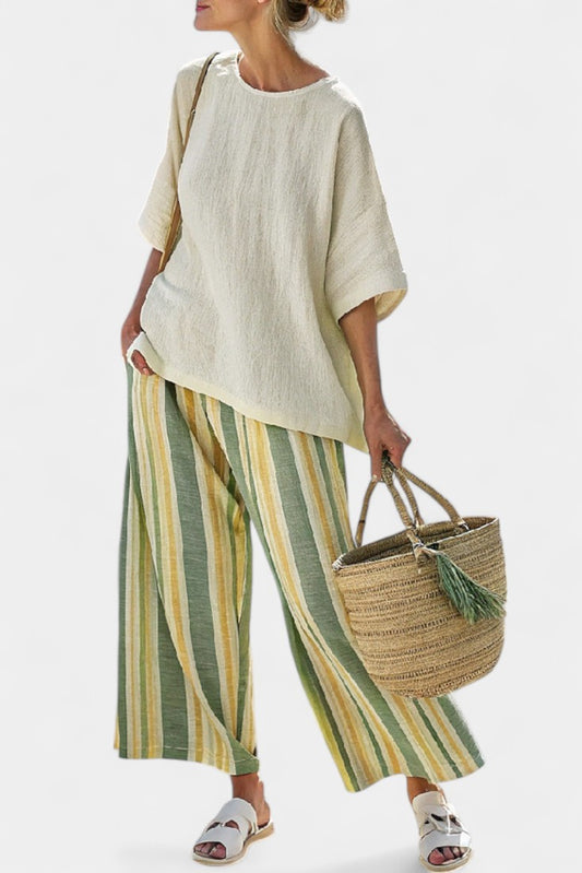 Effortless Striped Two Piece Set for Women with Linen Wide Leg Casual Style