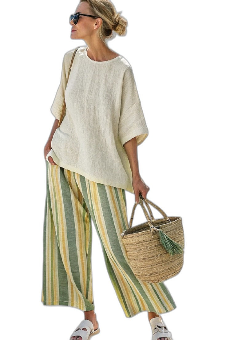Effortless Striped Two Piece Set for Women with Linen Wide Leg Casual Style