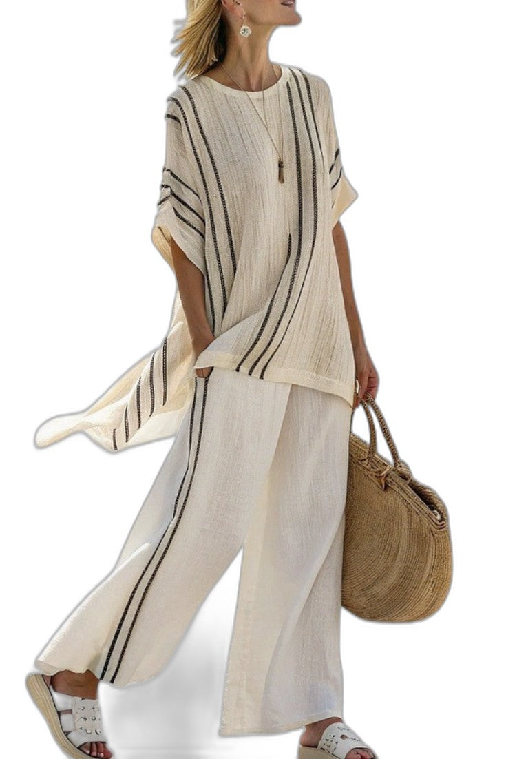 Effortless Striped Two Piece Set for Women with Linen Wide Leg Flowing Casual Style