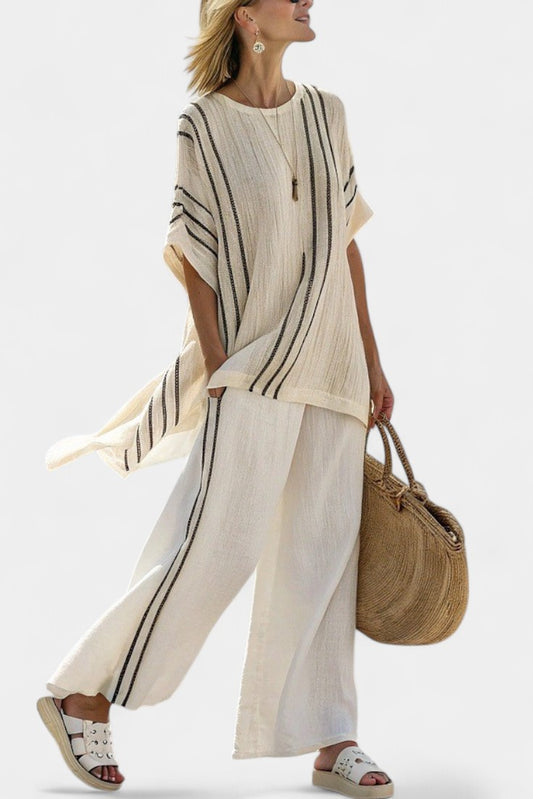 Effortless Striped Two Piece Set for Women with Linen Wide Leg Flowing Casual Style