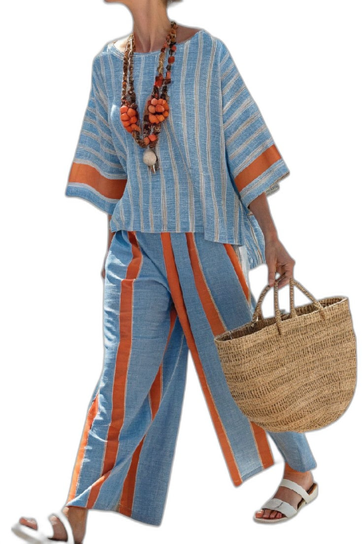 Effortless Striped Two Piece Set for Women with Linen Wide Leg Oversized Casual Style