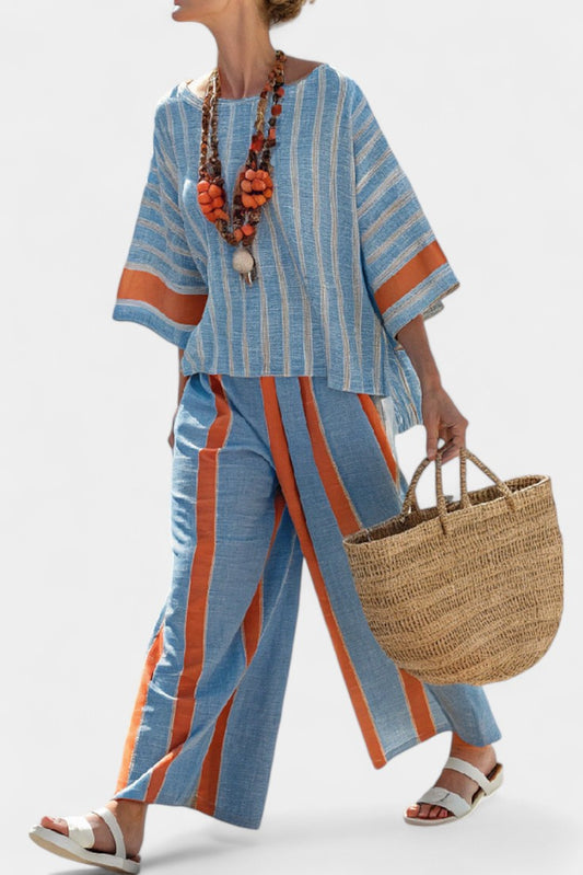 Effortless Striped Two Piece Set for Women with Linen Wide Leg Oversized Casual Style