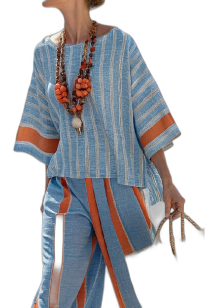 Effortless Striped Two Piece Set for Women with Linen Wide Leg Oversized Casual Style
