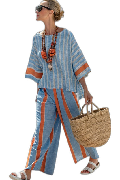 Effortless Striped Two Piece Set for Women with Linen Wide Leg Oversized Casual Style