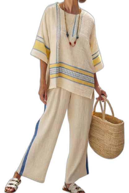 Effortless Striped Two Piece Set for Women with Short Sleeve Linen Wide Leg Casual Style