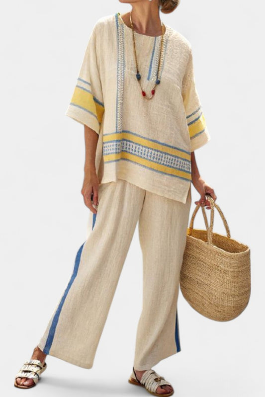 Effortless Striped Two Piece Set for Women with Short Sleeve Linen Wide Leg Casual Style