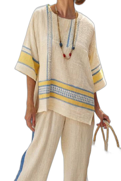 Effortless Striped Two Piece Set for Women with Short Sleeve Linen Wide Leg Casual Style