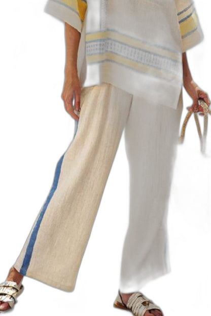Effortless Striped Two Piece Set for Women with Short Sleeve Linen Wide Leg Casual Style