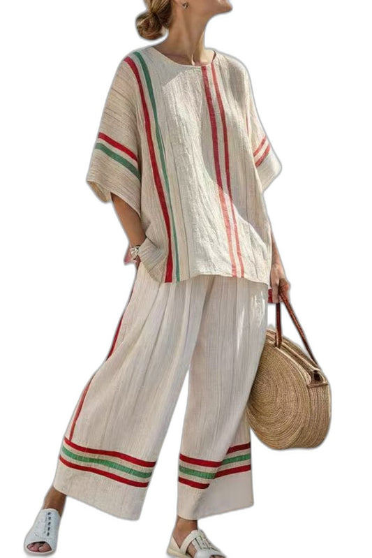 Effortless Striped Two Piece Set for Women with Short Sleeve Linen Wide Leg Flowing Casual Style
