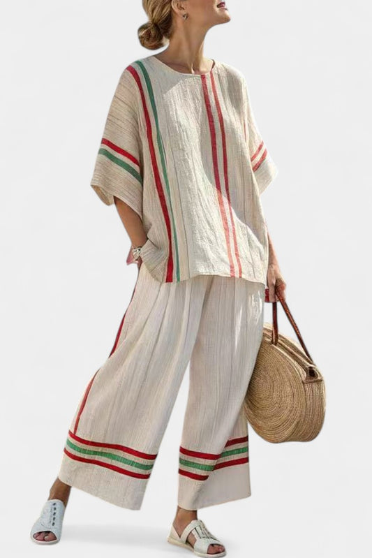 Effortless Striped Two Piece Set for Women with Short Sleeve Linen Wide Leg Flowing Casual Style