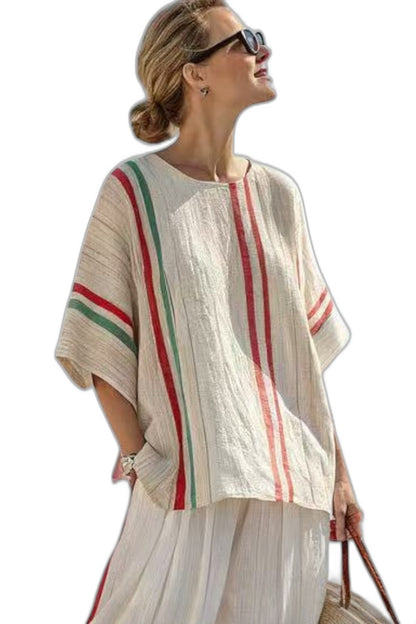 Effortless Striped Two Piece Set for Women with Short Sleeve Linen Wide Leg Flowing Casual Style