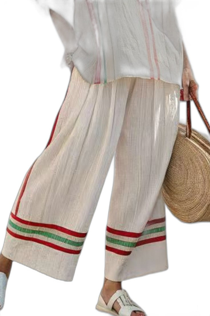 Effortless Striped Two Piece Set for Women with Short Sleeve Linen Wide Leg Flowing Casual Style