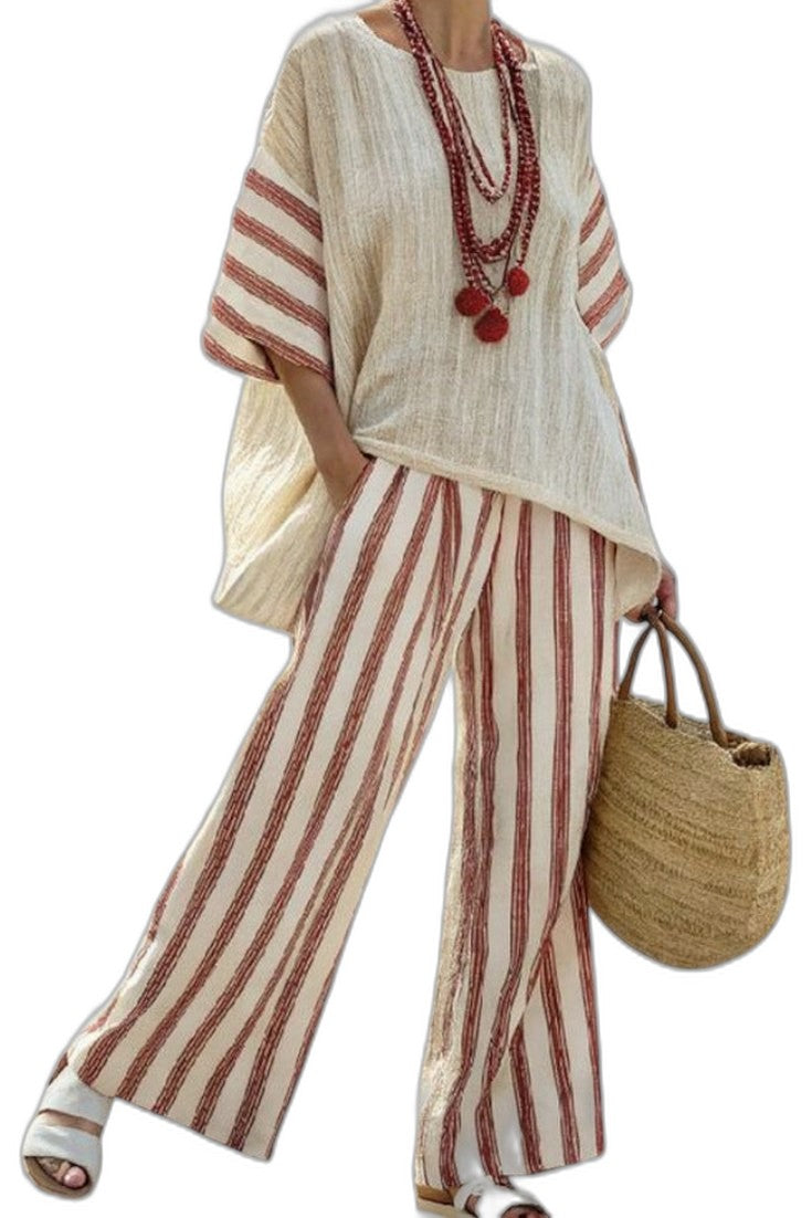 Effortless Striped Two Piece Set for Women with Short Sleeve V Neck Linen Wide Leg Flowing Casual Style